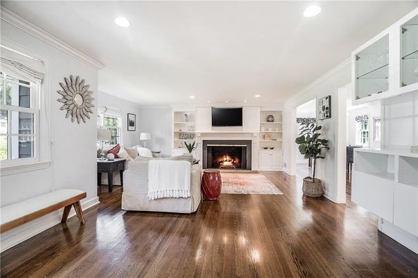 Fireplace, Interior, Living room, Recessed Lighting, Wood Texture Flooring