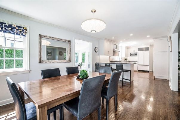 Dining room, Interior, Kitchen, Pendant Lights, Recessed Lighting, Stainless Steel Appliances, Wood Texture Flooring