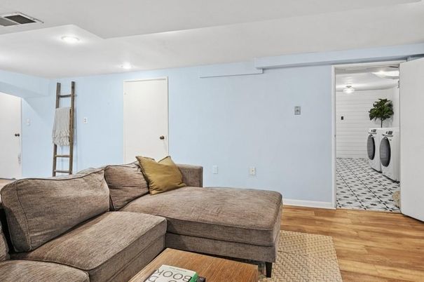 Interior, Living room, Recessed Lighting, Washer, Wood Texture Flooring