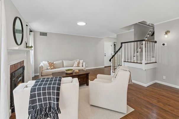 Fireplace, Interior, Living room, Recessed Lighting, Wood Texture Flooring