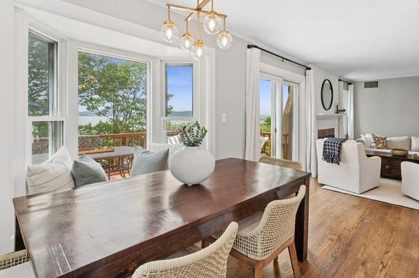 Dining room, Interior, Living room, Pendant Lights, Water, Wood Texture Flooring