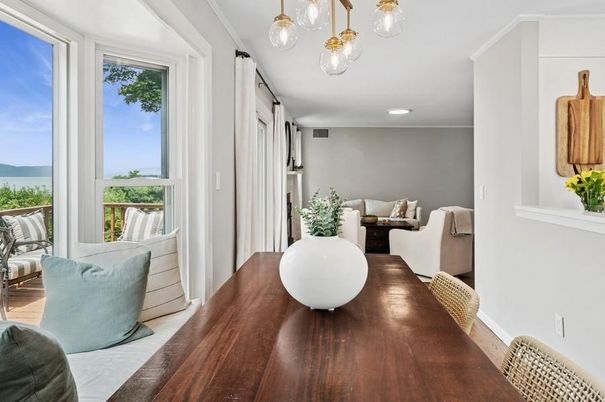 Dining room, Interior, Living room, Recessed Lighting, Water, Wood Texture Flooring