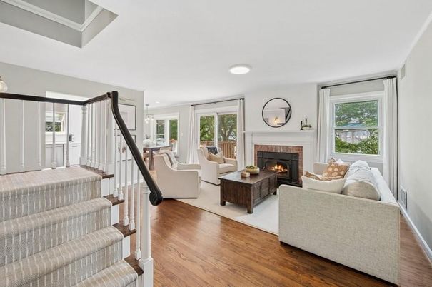 Fireplace, Interior, Living room, Recessed Lighting, Wood Texture Flooring