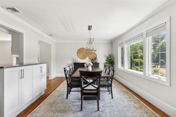 Dining room, Interior, Pendant Lights, Wood Texture Flooring