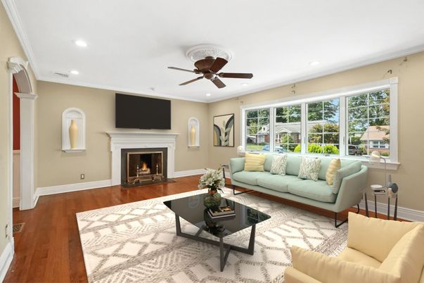Fireplace, Interior, Living room, Recessed Lighting, Wood Texture Flooring