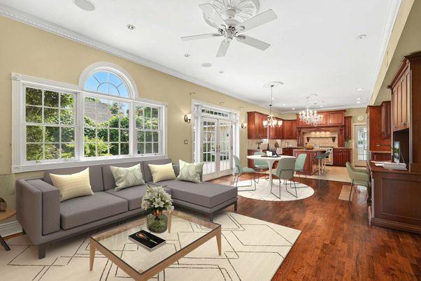 Chandelier, Dining room, Interior, Kitchen, Living room, Pendant Lights, Recessed Lighting, Wood Texture Flooring