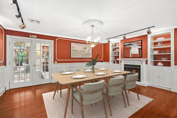 Chandelier, Dining room, Fireplace, Interior, Wood Texture Flooring