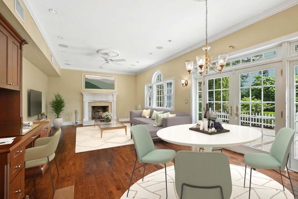 Chandelier, Dining room, Fireplace, Interior, Living room, Recessed Lighting, Wood Texture Flooring