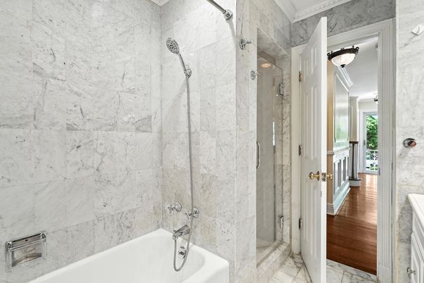 Bathroom, Glass Shower, Interior, Marble, Marble Walls, Wood Texture Flooring
