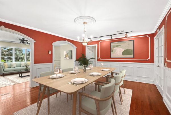 Chandelier, Dining room, Interior, Wood Texture Flooring
