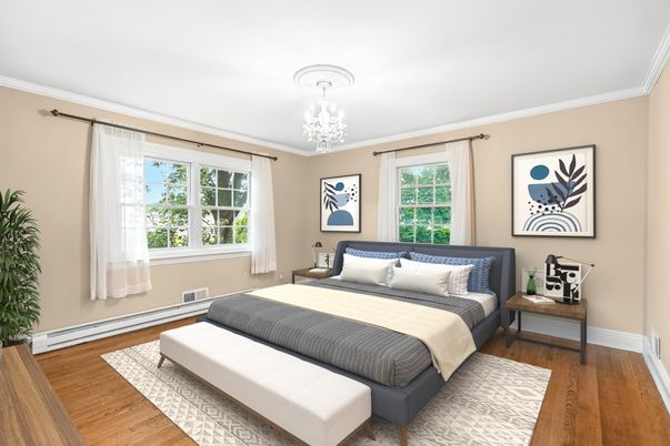 Bedroom, Chandelier, Interior, Wood Texture Flooring