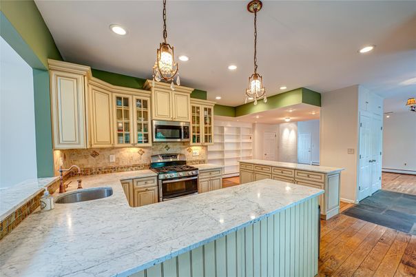 Interior, Kitchen, Pendant Lights, Recessed Lighting, Stainless Steel Appliances, Wood Texture Flooring
