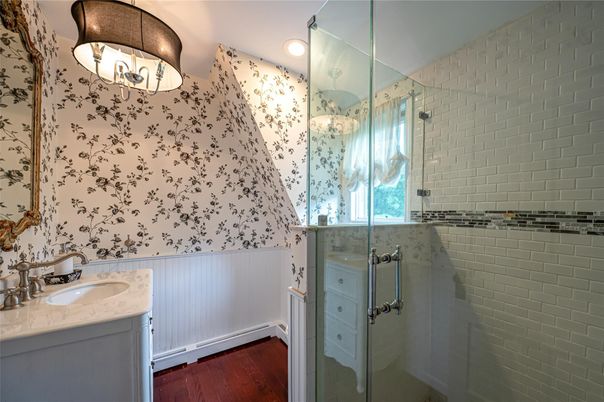 Bathroom, Glass Shower, Interior, Recessed Lighting, Wood Texture Flooring