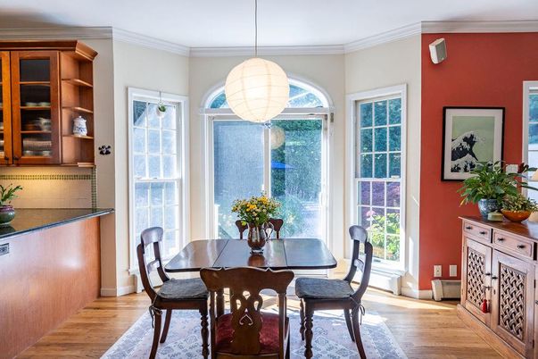 Dining room, Interior, Pendant Lights, Wood Texture Flooring