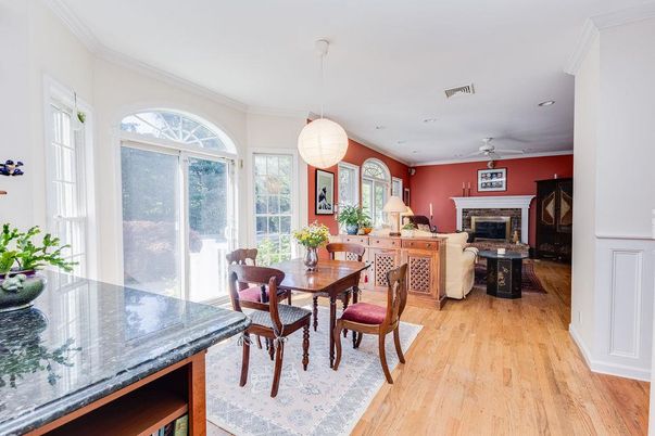 Dining room, Fireplace, Interior, Living room, Pendant Lights, Recessed Lighting, Wood Texture Flooring