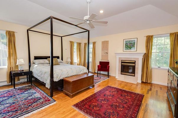 Bedroom, Fireplace, Interior, Recessed Lighting, Wood Texture Flooring