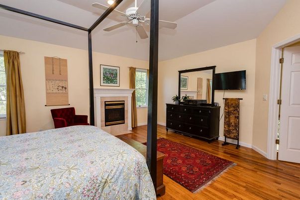 Bedroom, Fireplace, Interior, Wood Texture Flooring