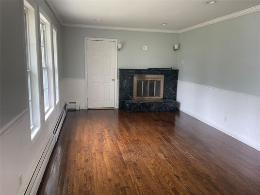 Empty room, Fireplace, Interior, Recessed Lighting, Wood Texture Flooring