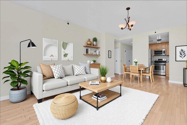 Chandelier, Dining room, Interior, Kitchen, Living room, Pendant Lights, Stainless Steel Appliances, Wood Texture Flooring