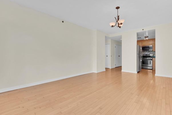 Chandelier, Empty room, Interior, Kitchen, Stainless Steel Appliances, Wood Texture Flooring