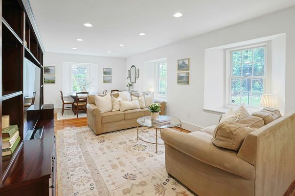 Dining room, Interior, Living room, Recessed Lighting, Wood Texture Flooring