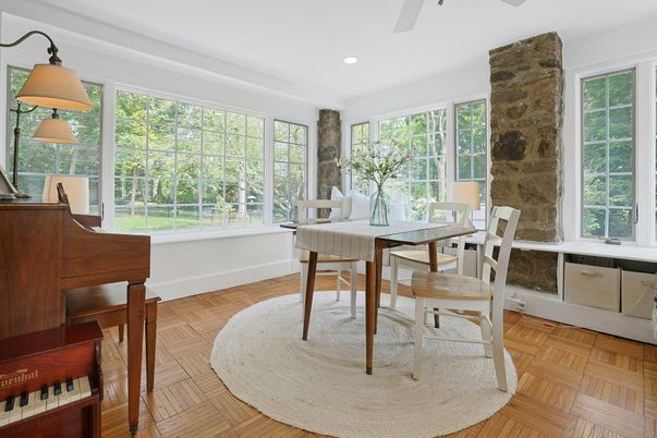 Dining room, Interior, Piano, Recessed Lighting, Wood Texture Flooring
