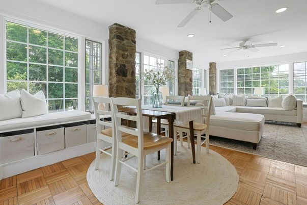 Dining room, Interior, Living room, Recessed Lighting, Wood Texture Flooring
