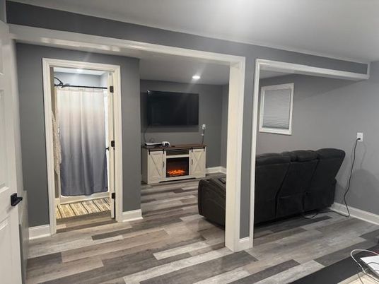 Fireplace, Interior, Recessed Lighting, Wood Texture Flooring