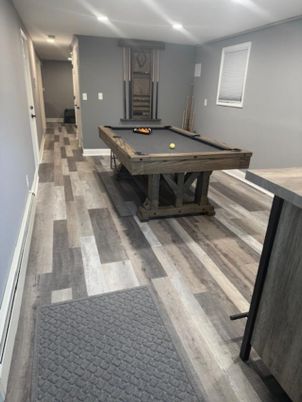 Billiard Table, Game Room, Interior, Recessed Lighting, Wood Texture Flooring