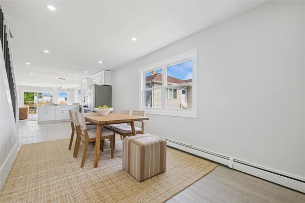 Dining room, Interior, Kitchen, Pendant Lights, Recessed Lighting, Wood Texture Flooring