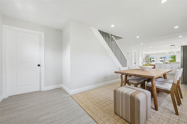 Dining room, Interior, Recessed Lighting, Wood Texture Flooring