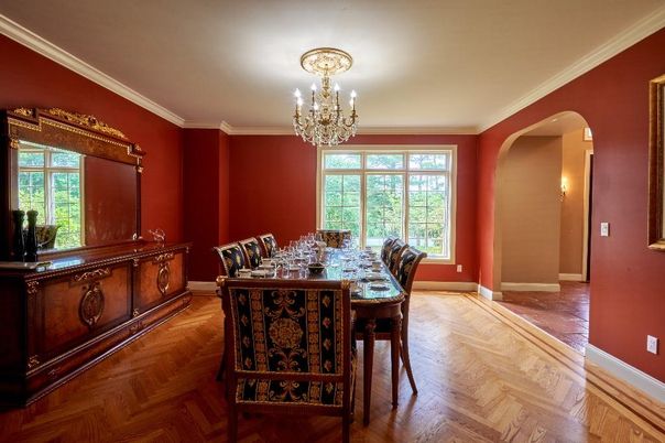 Chandelier, Dining room, Interior, Wood Texture Flooring