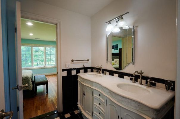 Bathroom, Dual Sink Vanities, Interior, Recessed Lighting, Wood Texture Flooring