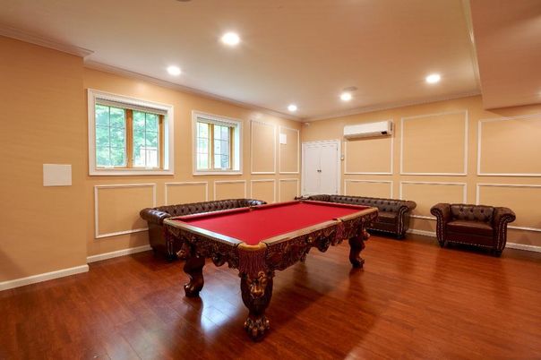 Billiard Table, Game Room, Interior, Recessed Lighting, Wood Texture Flooring
