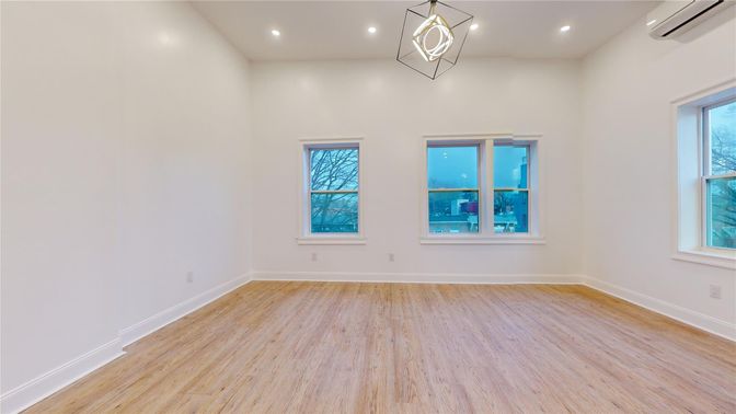 Empty room, Interior, Pendant Lights, Recessed Lighting, Wood Texture Flooring