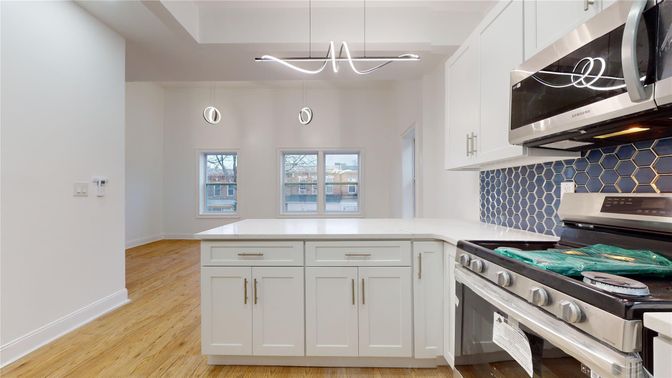Interior, Kitchen, Pendant Lights, Stainless Steel Appliances, Wood Texture Flooring