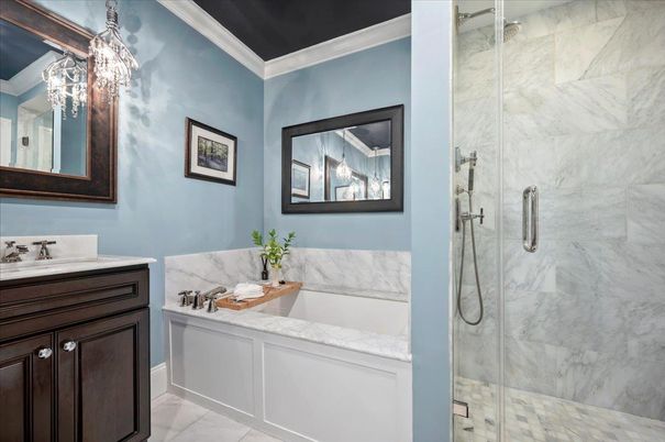 Bathroom, Glass Shower, Interior, Marble, Marble Walls, Pendant Lights