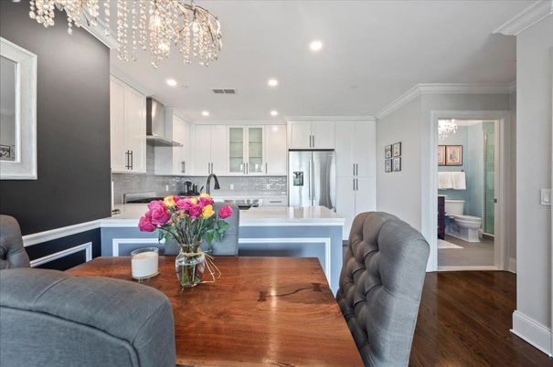 Chandelier, Interior, Kitchen, Recessed Lighting, Stainless Steel Appliances, Wood Texture Flooring