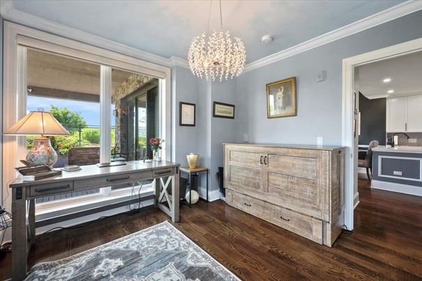 Chandelier, Home Office, Interior, Pendant Lights, Recessed Lighting, Wood Texture Flooring