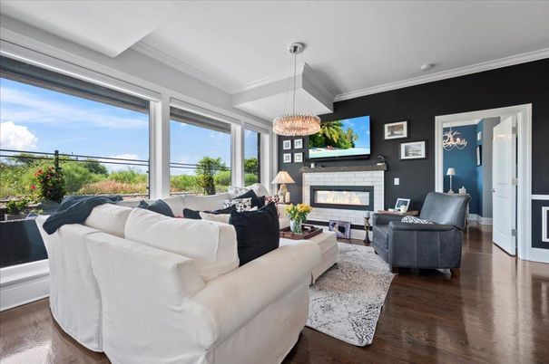 Fireplace, Interior, Living room, Pendant Lights, Wood Texture Flooring