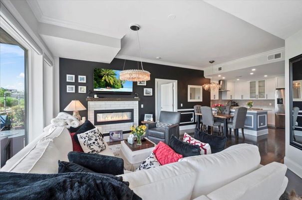 Chandelier, Dining room, Fireplace, Interior, Kitchen, Living room, Pendant Lights, Recessed Lighting, Wood Texture Flooring