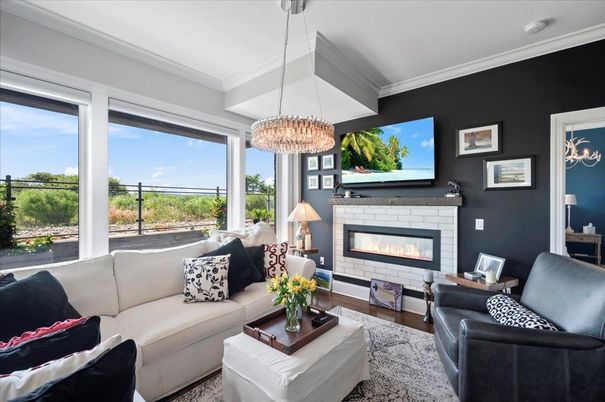 Fireplace, Interior, Living room, Pendant Lights, Wood Texture Flooring
