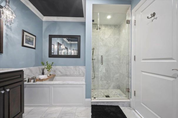 Bathroom, Glass Shower, Interior, Marble, Marble Walls, Recessed Lighting