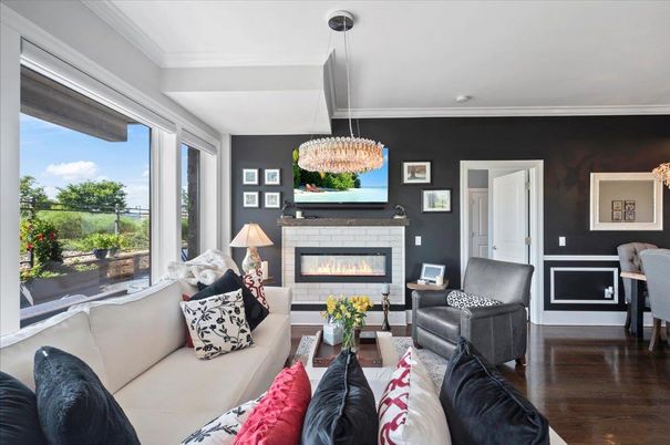 Fireplace, Interior, Living room, Pendant Lights, Wood Texture Flooring