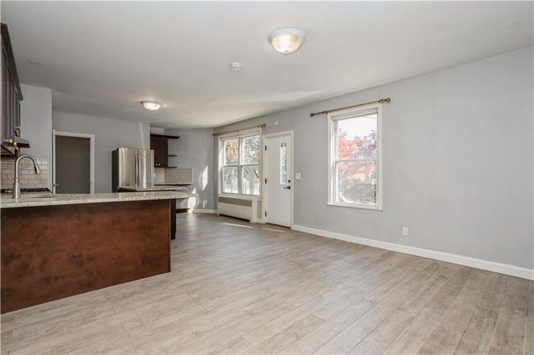 Empty room, Interior, Kitchen, Stainless Steel Appliances, Wood Texture Flooring