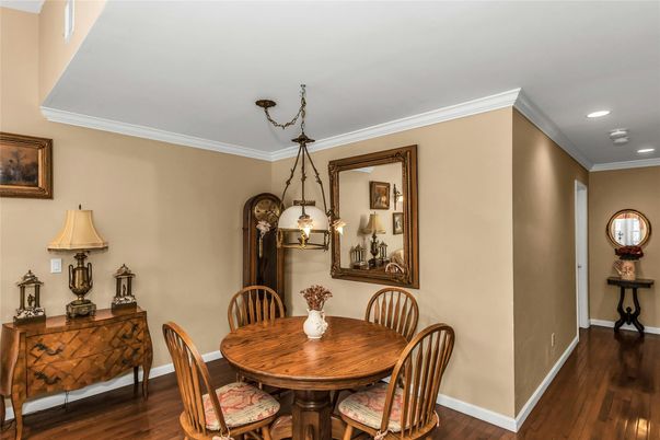 Dining room, Interior, Pendant Lights, Recessed Lighting, Wood Texture Flooring