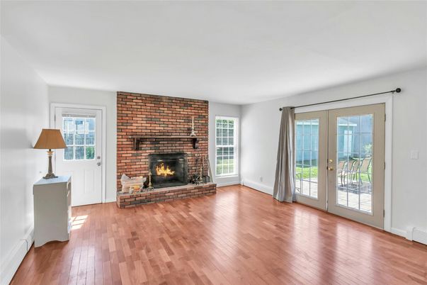 Empty room, Fireplace, Interior, Stone Walls, Wood Texture Flooring