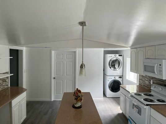 Interior, Kitchen, Pendant Lights, Utility Closets, Washer, Wood Texture Flooring