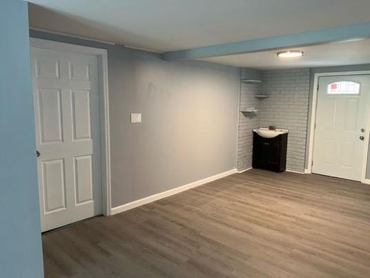 Bathroom, Empty room, Interior, Stone Walls, Wood Texture Flooring