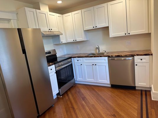 Interior, Kitchen, Recessed Lighting, Stainless Steel Appliances, Wood Texture Flooring